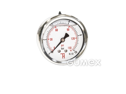 Manometer glycerínový so zadným vývodom, priemer 63mm, vonkajší závit G 1/4", 0-10bar, trieda presnosti 1,6%, priezor akryl, púzdro nerezová oceľ, -40°C/+60°C